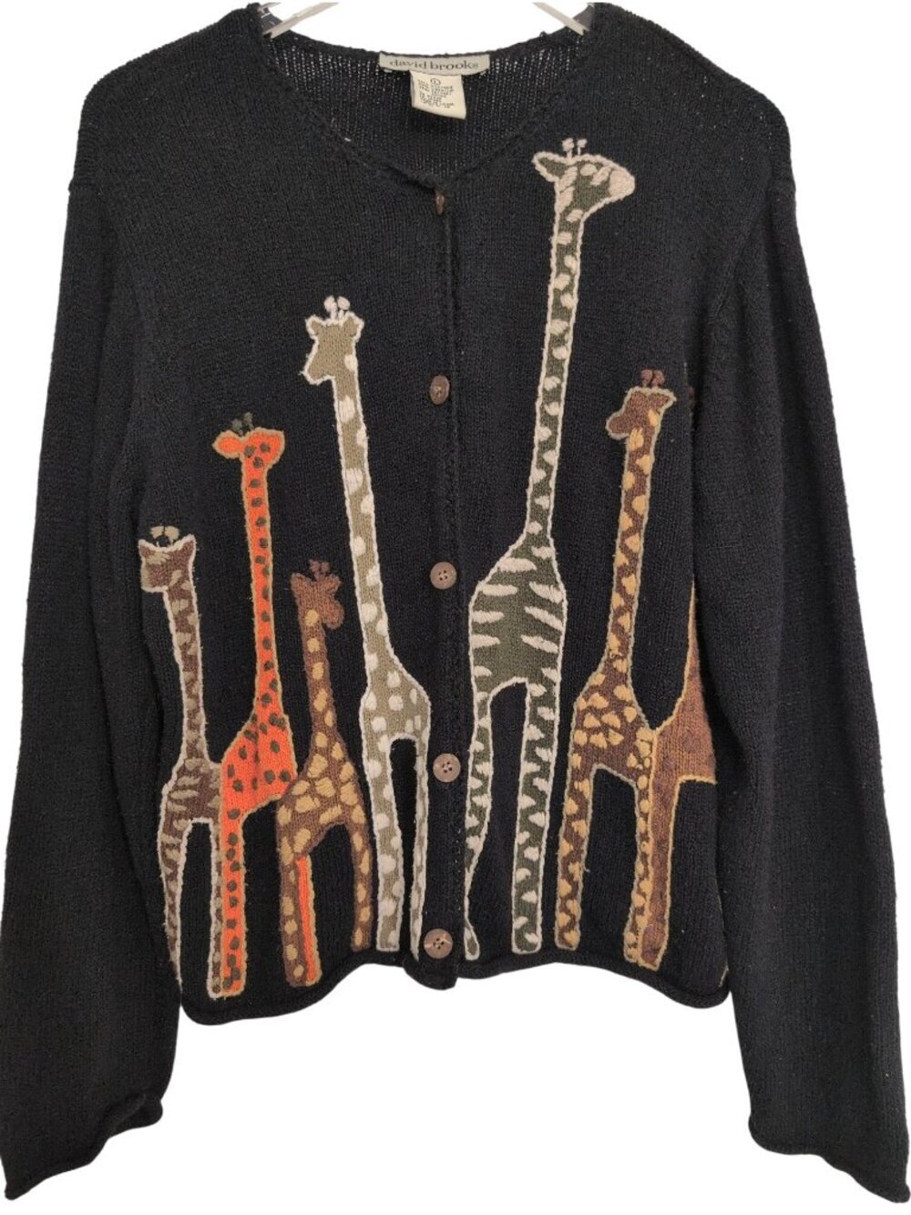 David Brooks Embroidered Giraffe Cardigan Womens Size Large Black Knit Sweater